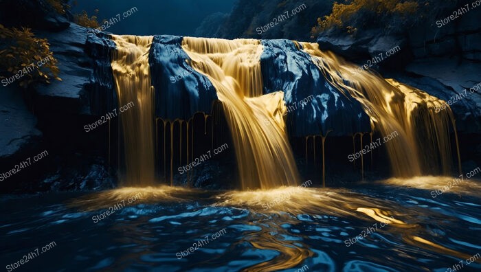 Golden Waterfall Cascading Over Dark Blue Rocks at Twilight