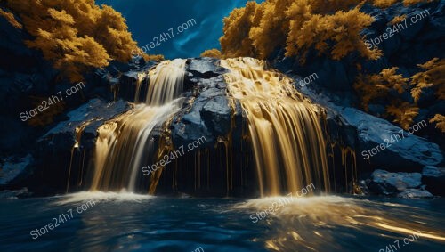 Golden Waterfall Cascading Over Dark Rocks and Trees