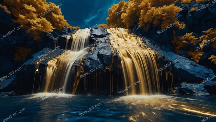 Golden Waterfall Cascading Over Dark Rocks and Trees