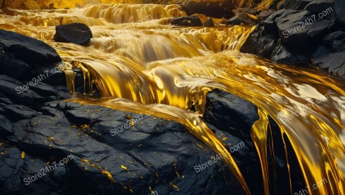 Golden Waterfall Flowing Gracefully Over Smooth Black Rocks