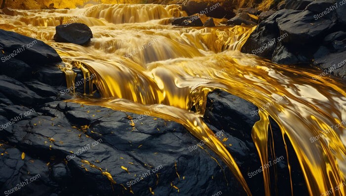 Golden Waterfall Flowing Gracefully Over Smooth Black Rocks