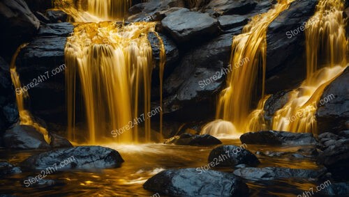 Golden Waterfall Flowing Over Dark Stones in Enchanted Forest