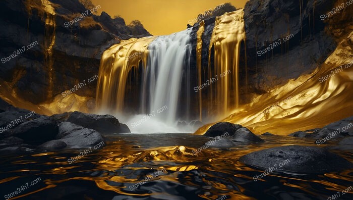 Golden Waterfall Flowing Through a Mystical Canyon of Dreams