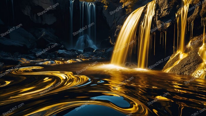 Golden Waterfall Meets Deep Shadows in Enchanted Grotto