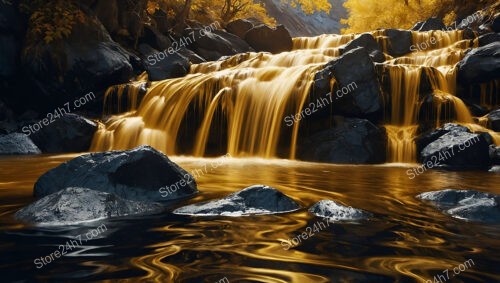 Golden Waterfalls Cascading Over Shadowed Rocks in Enchanted Forest