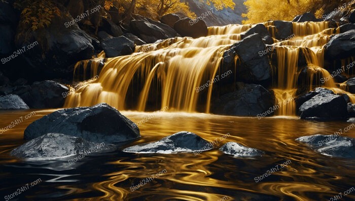 Golden Waterfalls Cascading Over Shadowed Rocks in Enchanted Forest