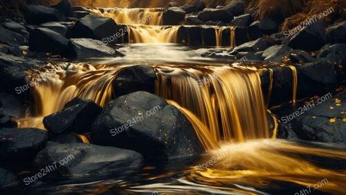 Golden Waterfalls Flow Over Dark Stones in an Enchanted Forest