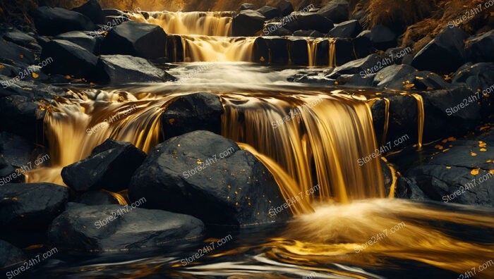 Golden Waterfalls Flow Over Dark Stones in an Enchanted Forest