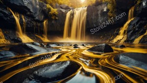 Golden Waterfalls Flow Over Rugged Rocks in Enchanted Valley