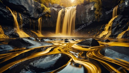 Golden Waterfalls Flow Over Rugged Rocks in Enchanted Valley