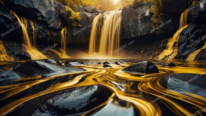 Golden Waterfalls Flow Over Rugged Rocks in Enchanted Valley