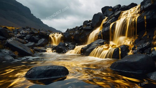 Golden Waterfalls in a Serene Mountainous Landscape of Dreams