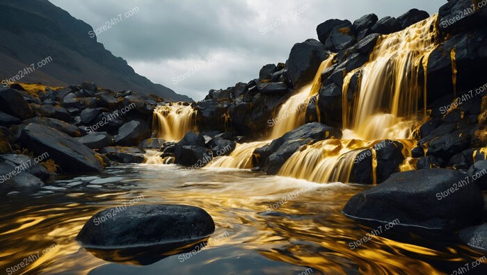 Golden Waterfalls in a Serene Mountainous Landscape of Dreams