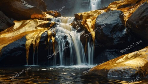 Golden Waterfalls Pouring Over Rocks in a Mystical Canyon