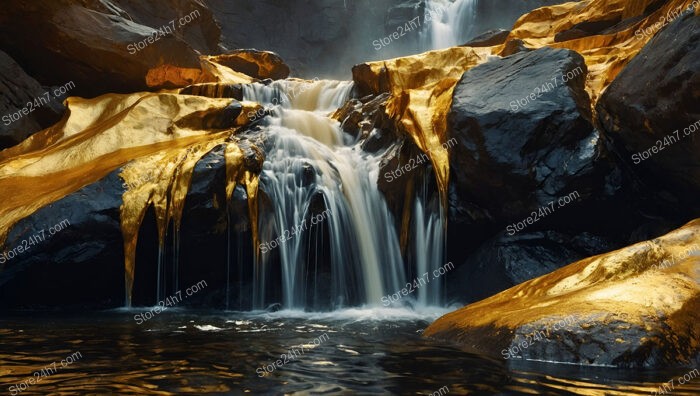 Golden Waterfalls Pouring Over Rocks in a Mystical Canyon