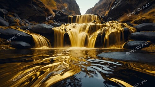 Golden Waters Cascading Over Stones in Mystical Canyon