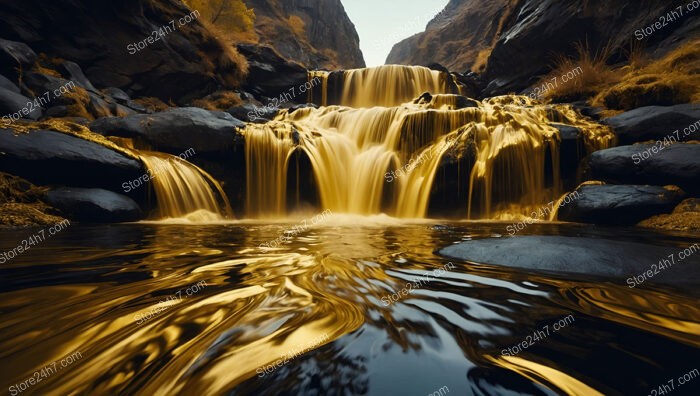 Golden Waters Cascading Over Stones in Mystical Canyon