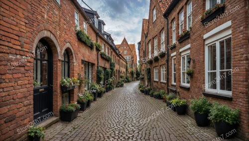 Gothic Brick Alley Adorned with Lush Greenery and Flowers