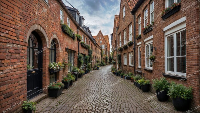 Gothic Brick Alley Adorned with Lush Greenery and Flowers