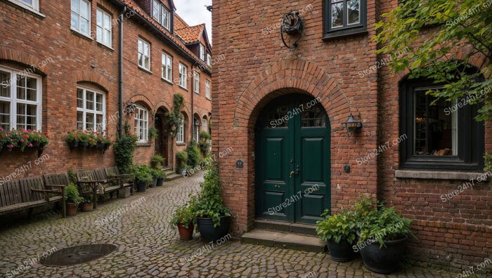 Gothic Brick Courtyard with Verdant Plants