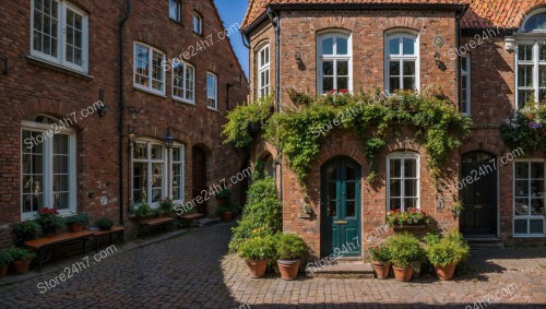 Gothic Brick House with Greenery and Cozy Courtyard