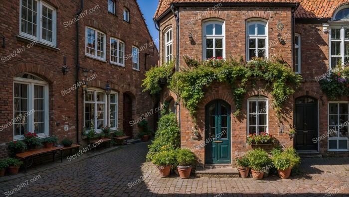 Gothic Brick House with Greenery and Cozy Courtyard