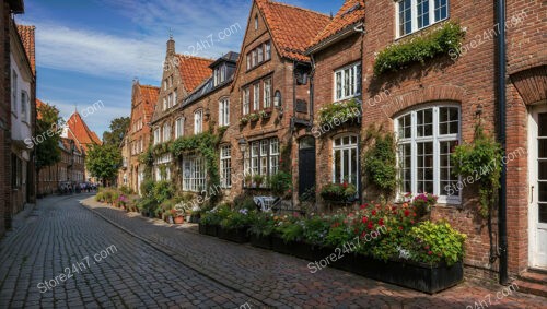 Gothic Brick Houses on a Flower-Lined Street