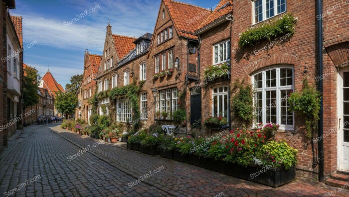 Gothic Brick Houses on a Flower-Lined Street