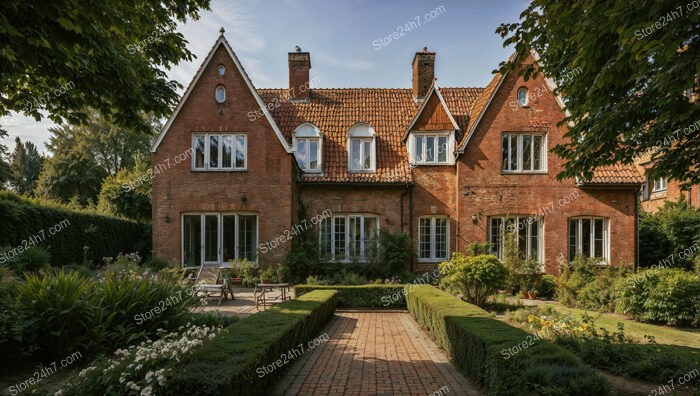 Gothic Brick Mansion with Expansive Garden Landscape