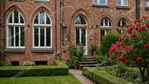 Gothic Brick Mansion with Ornate Arched Windows and Garden