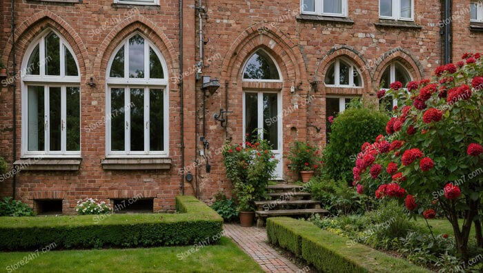 Gothic Brick Mansion with Ornate Arched Windows and Garden