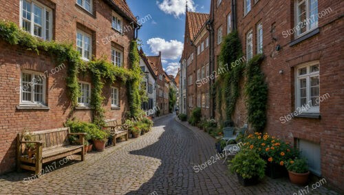 Gothic Brick Row Houses with Ivy-Covered Walls