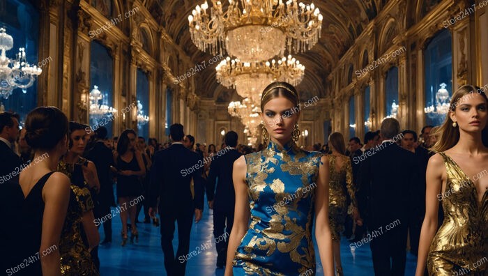 Grand Ballroom Elegance: Blue and Gold Fashion Affair