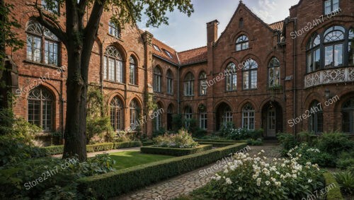 Grand Gothic Courtyard with Elegant Red Brick Facades