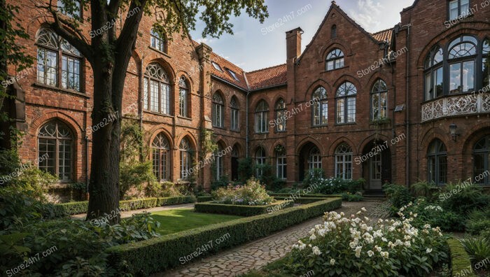 Grand Gothic Courtyard with Elegant Red Brick Facades