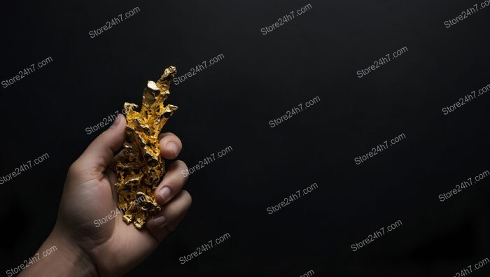 Hand Gripping a Large Gold Nugget Against Black Background