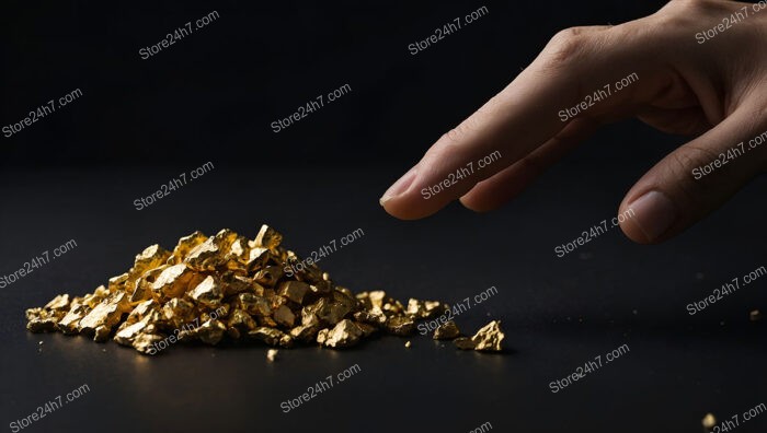 Hand Reaching for a Pile of Gold Nuggets on Black