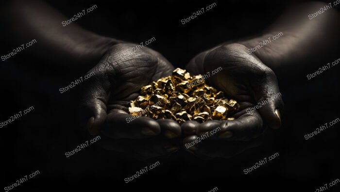 Hands Holding Gold Nuggets in a Dark, Dramatic Setting