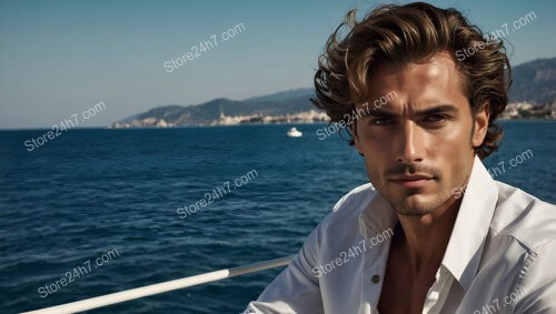 Handsome Man in Open White Shirt on Yacht with Coastal View