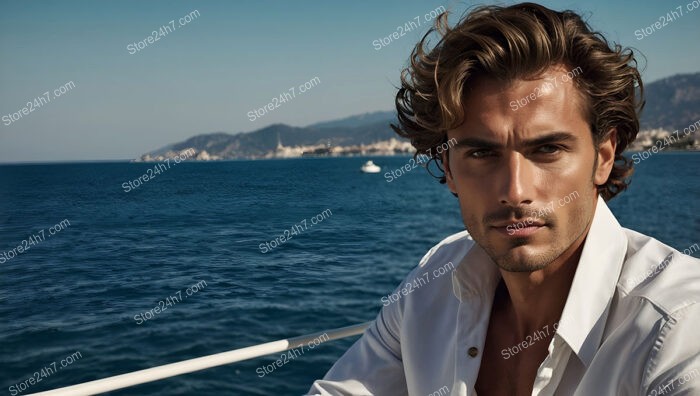 Handsome Man in Open White Shirt on Yacht with Coastal View