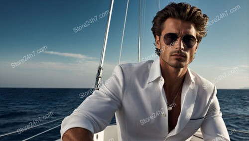 Handsome Man in White Shirt and Sunglasses on Yacht