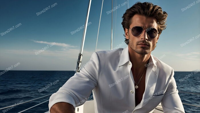 Handsome Man in White Shirt and Sunglasses on Yacht