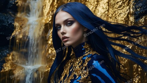 High Fashion Model in Blue and Gold by Waterfall