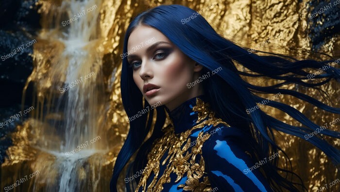 High Fashion Model in Blue and Gold by Waterfall