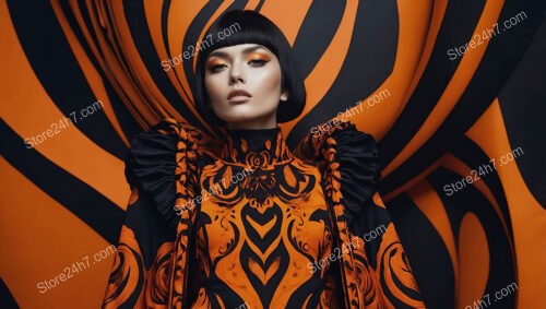 High-Fashion Model in Striking Black and Orange Ensemble