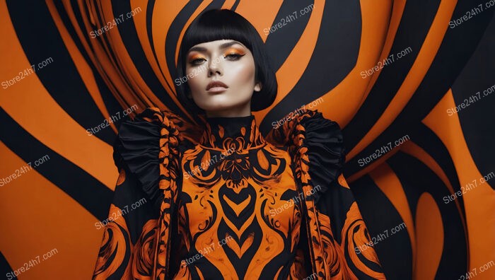 High-Fashion Model in Striking Black and Orange Ensemble