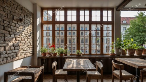 Cozy Bavarian Interior with Large Windows and Plants