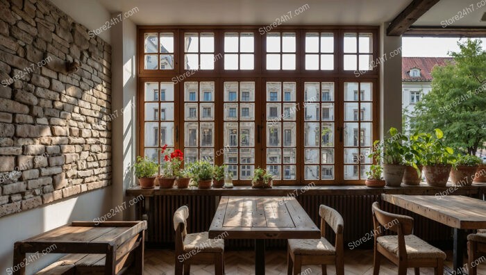 Cozy Bavarian Interior with Large Windows and Plants