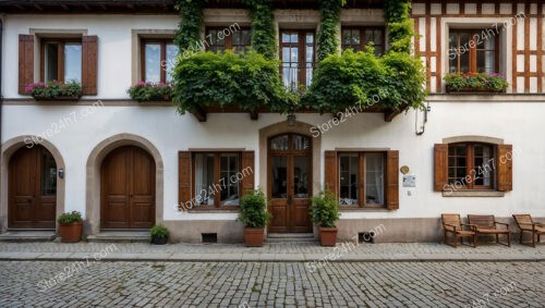 Historic Bavarian House with Ivy-Covered Balcony and Wooden Shutters