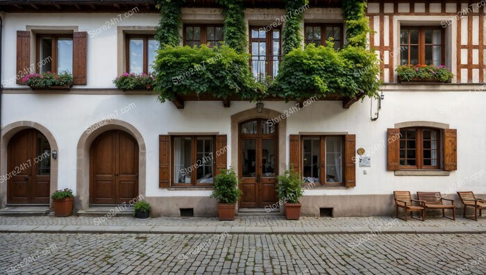 Historic Bavarian House with Ivy-Covered Balcony and Wooden Shutters